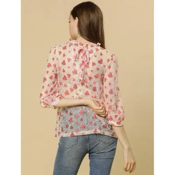 Fairy Heart Ruffle Mock Neck Sheer Mesh Lace Top Sz XL Cottage Prairie Romantic - Picture 2 of 12